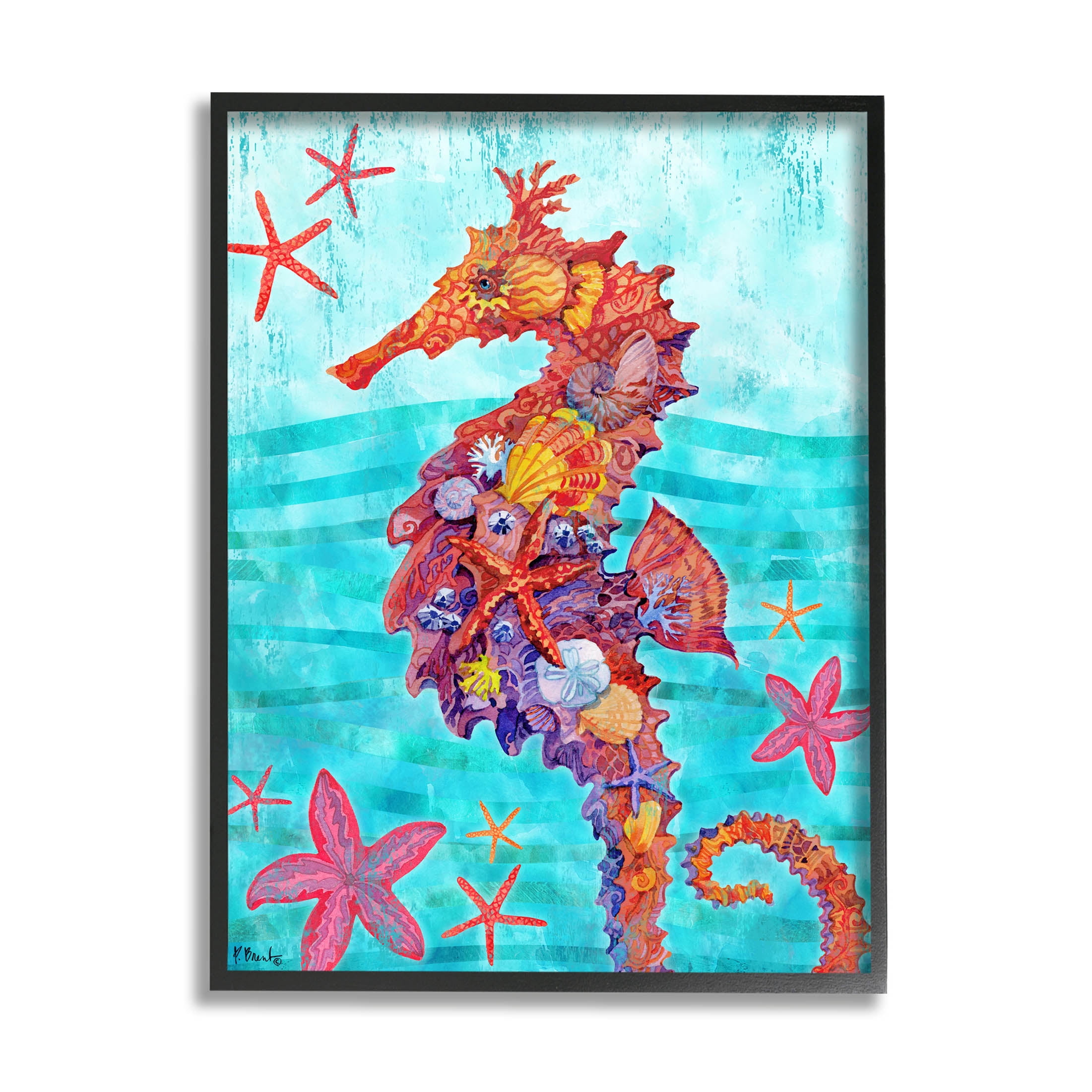 Stupell Industries Nassau Seahorse Aquatic Shell Collage Graphic Art Black Framed Art Print Wall Art, Design by Paul Brent