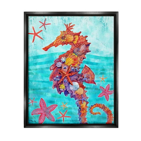 Stupell Industries Nassau Seahorse Aquatic Shell Collage Graphic Art Jet Black Floating Framed Canvas Print Wall Art, Design by Paul Brent