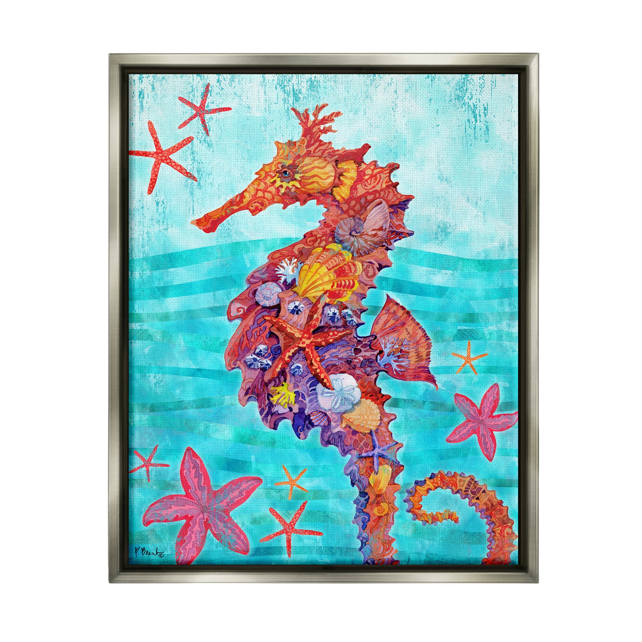Stupell Industries Nassau Seahorse Aquatic Shell Collage Graphic Art Luster Gray Floating Framed Canvas Print Wall Art, Design by Paul Brent