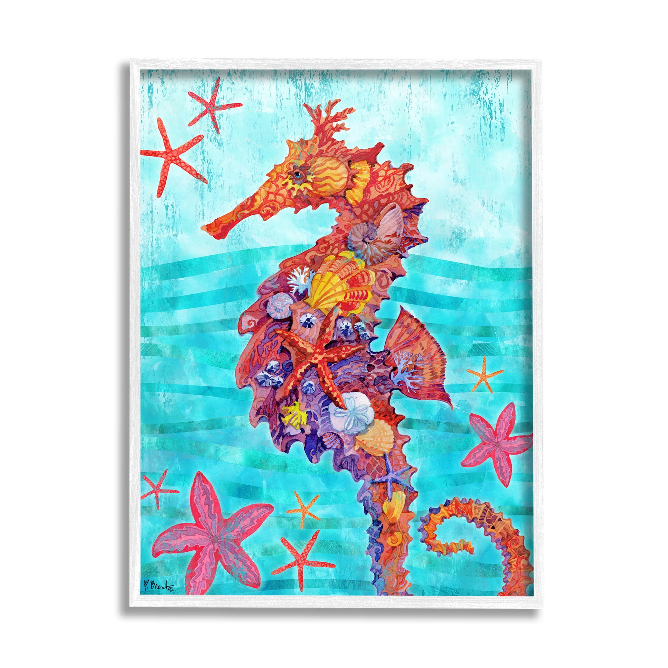Stupell Industries Nassau Seahorse Aquatic Shell Collage Graphic Art White Framed Art Print Wall Art, Design by Paul Brent