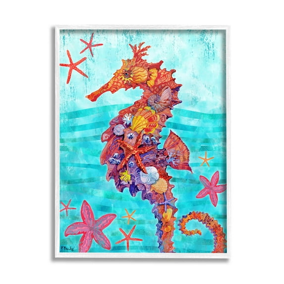 Stupell Industries Nassau Seahorse Aquatic Shell Collage Graphic Art White Framed Art Print Wall Art, Design by Paul Brent