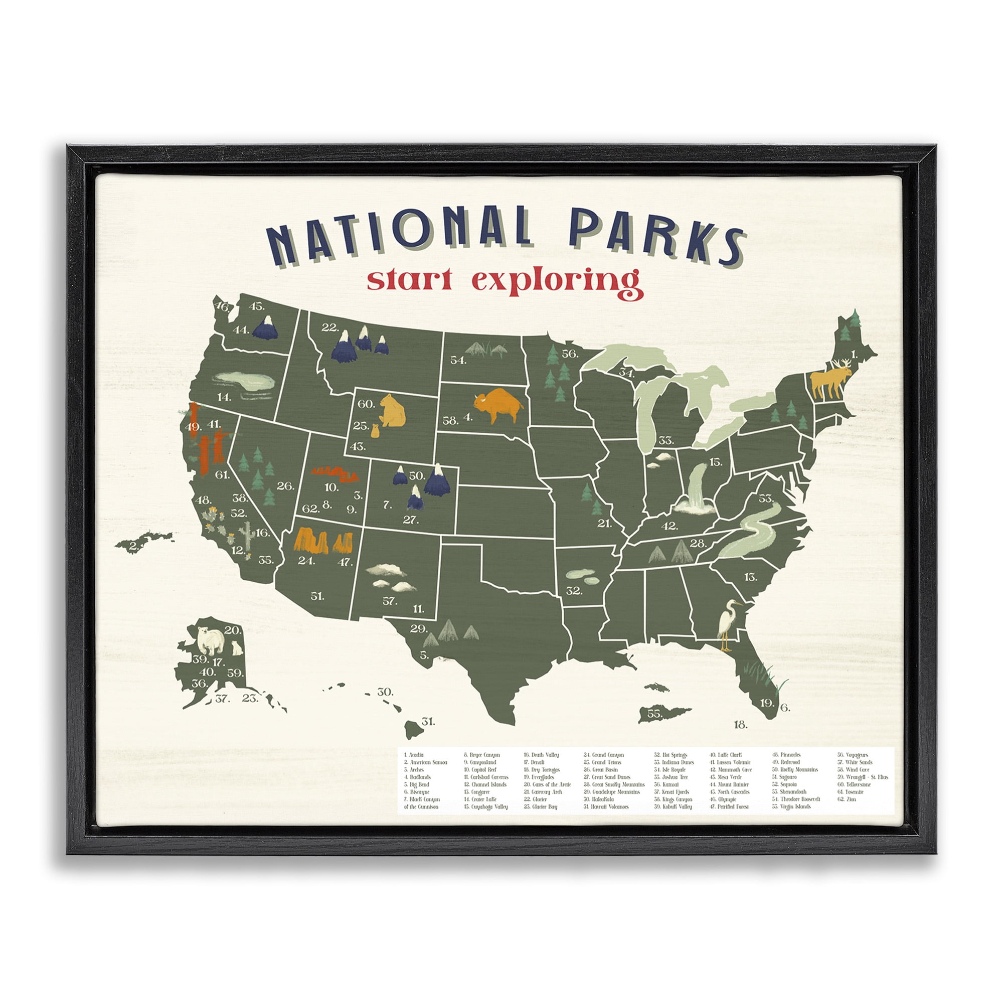 Stupell Industries National Parks Map Diagram Town & City Painting Black Floater Framed Canvas Art Print Wall Art, 21 x 17