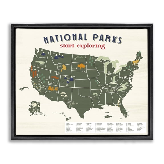 Stupell Industries National Parks Map Diagram Town & City Painting Black Floater Framed Canvas Art Print Wall Art, 31 x 25