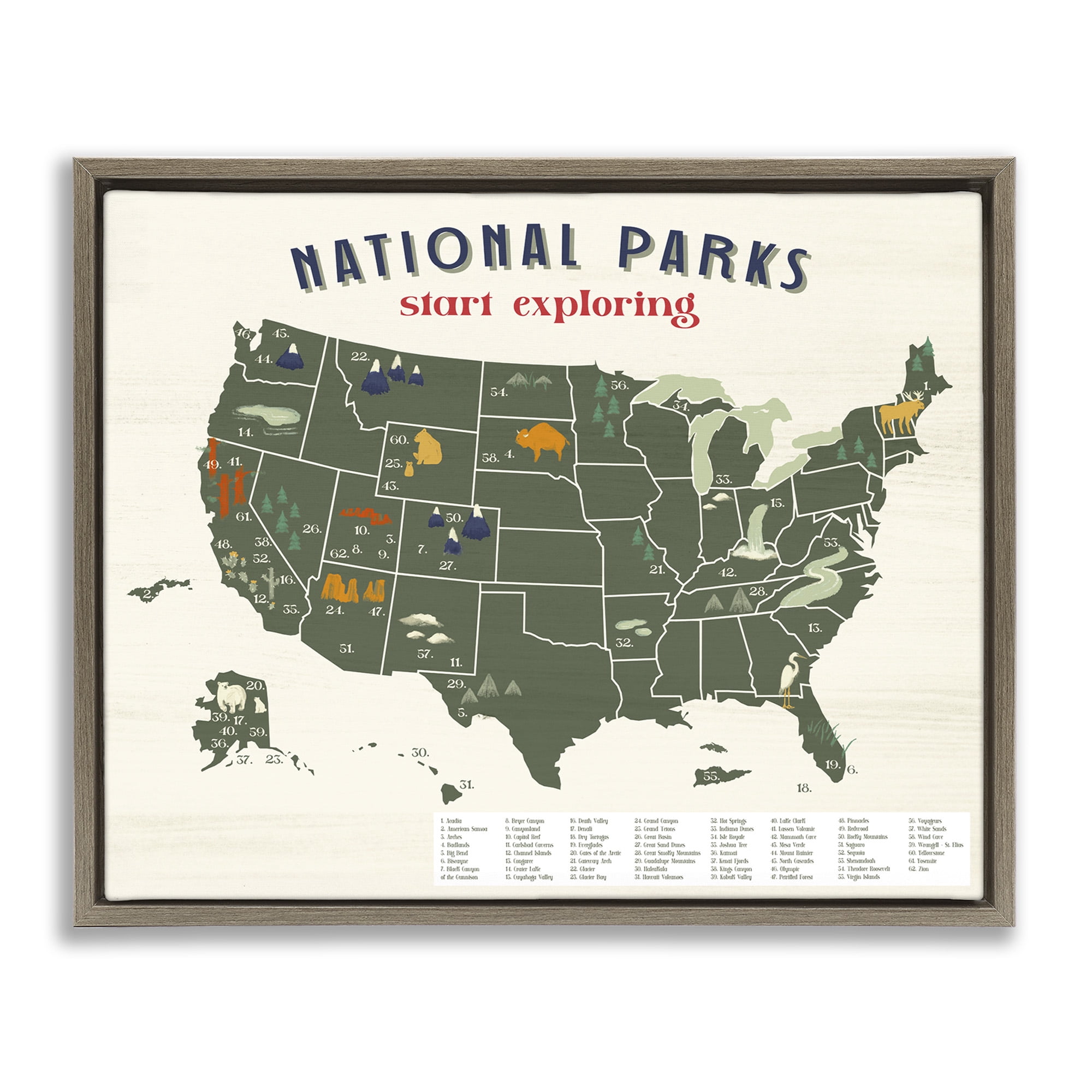 Stupell Industries National Parks Map Diagram Town & City Painting Brown Floater Framed Canvas Art Print Wall Art, 21 x 17