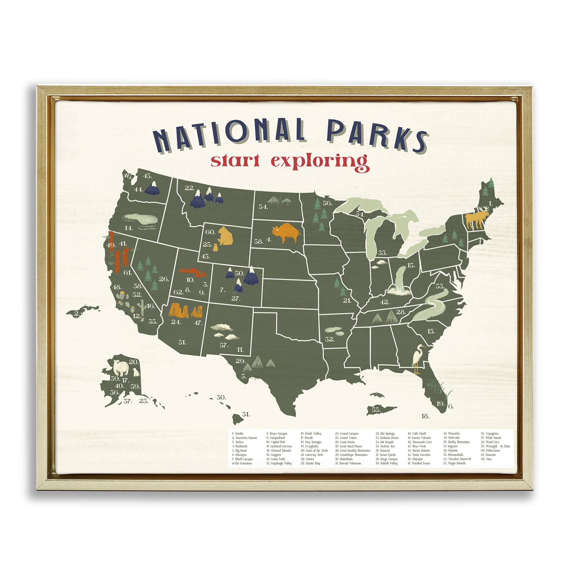 Stupell Industries National Parks Map Diagram Town & City Painting Gold Floater Framed Canvas Art Print Wall Art, 31 x 25