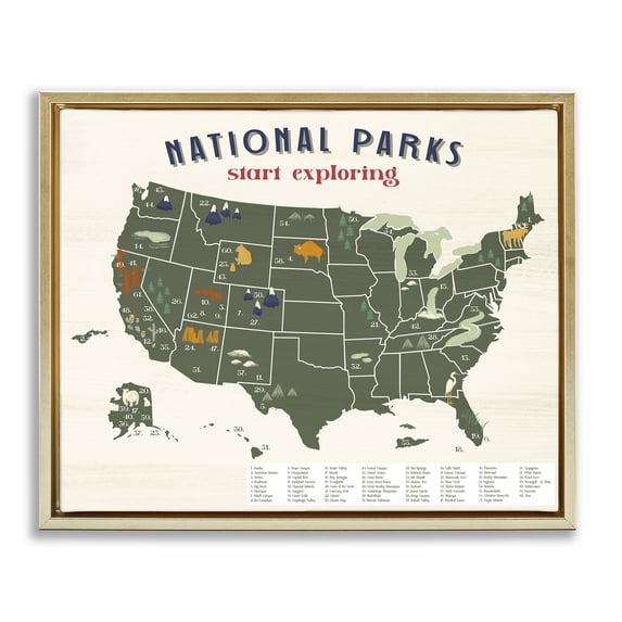 Stupell Industries National Parks Map Diagram Town & City Painting Gold Floater Framed Canvas Art Print Wall Art, 31 x 25
