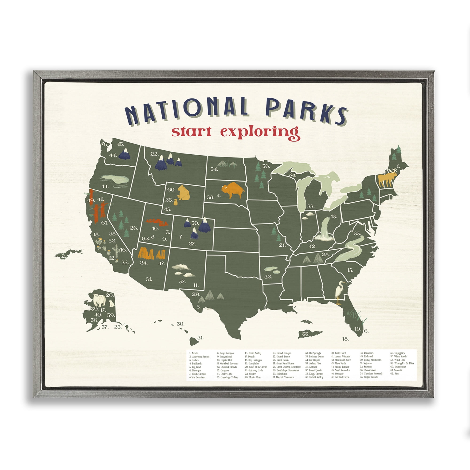 Stupell Industries National Parks Map Diagram Town & City Painting Gray Floater Framed Canvas Art Print Wall Art, 31 x 25