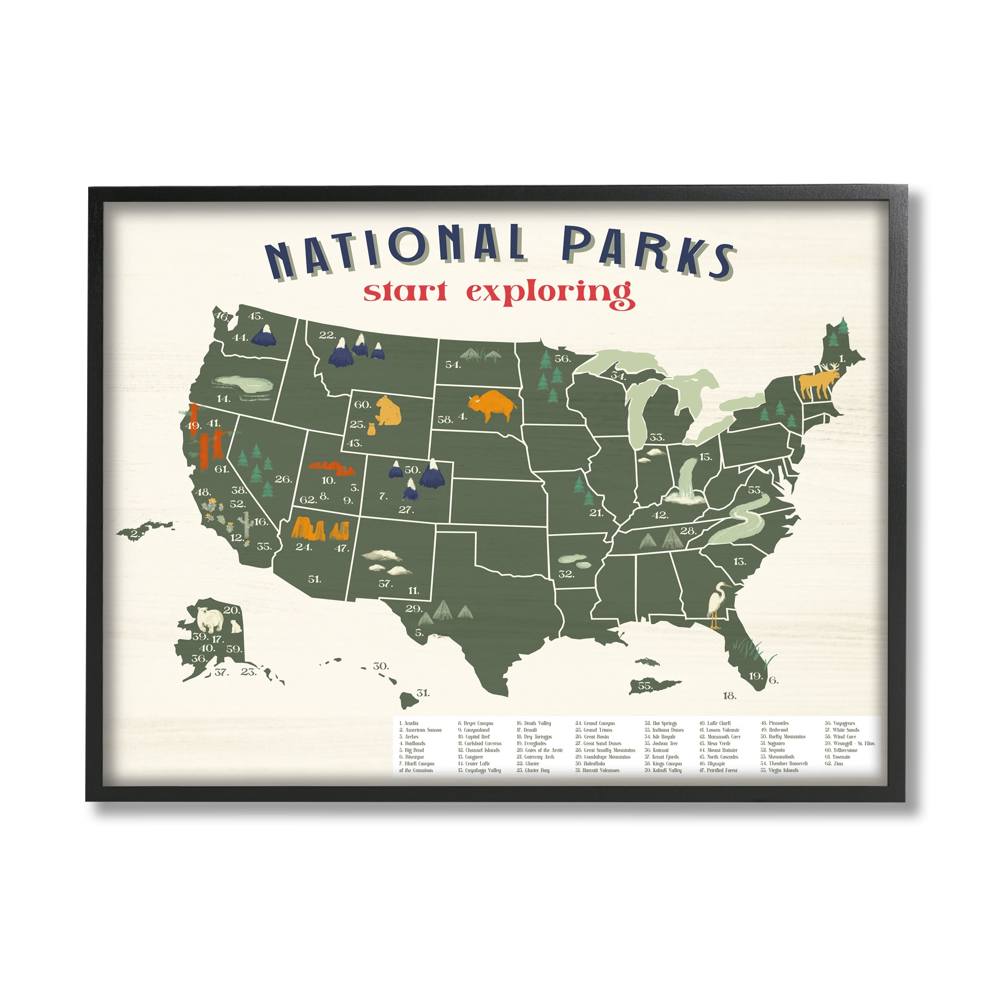 Stupell Industries National Parks Map with Numbered Key United States Town & City Painting Black Framed Art Print Wall Art, 16 x 20