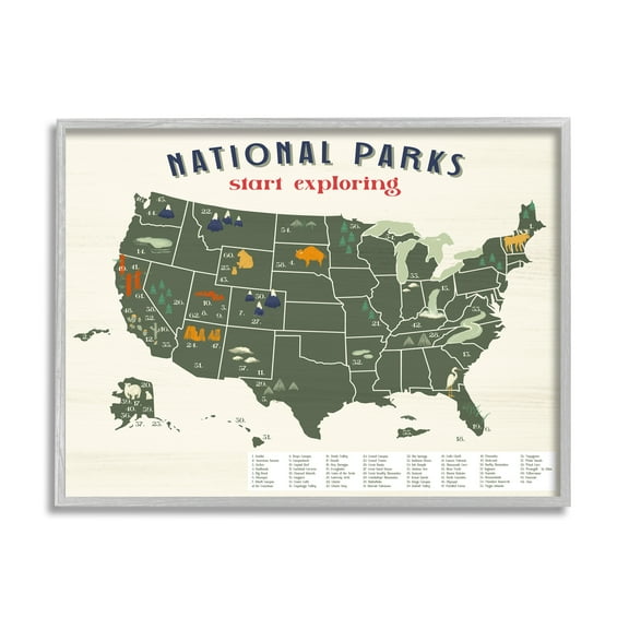 Stupell Industries National Parks Map with Numbered Key United States Town & City Painting Gray Framed Art Print Wall Art, 16 x 20