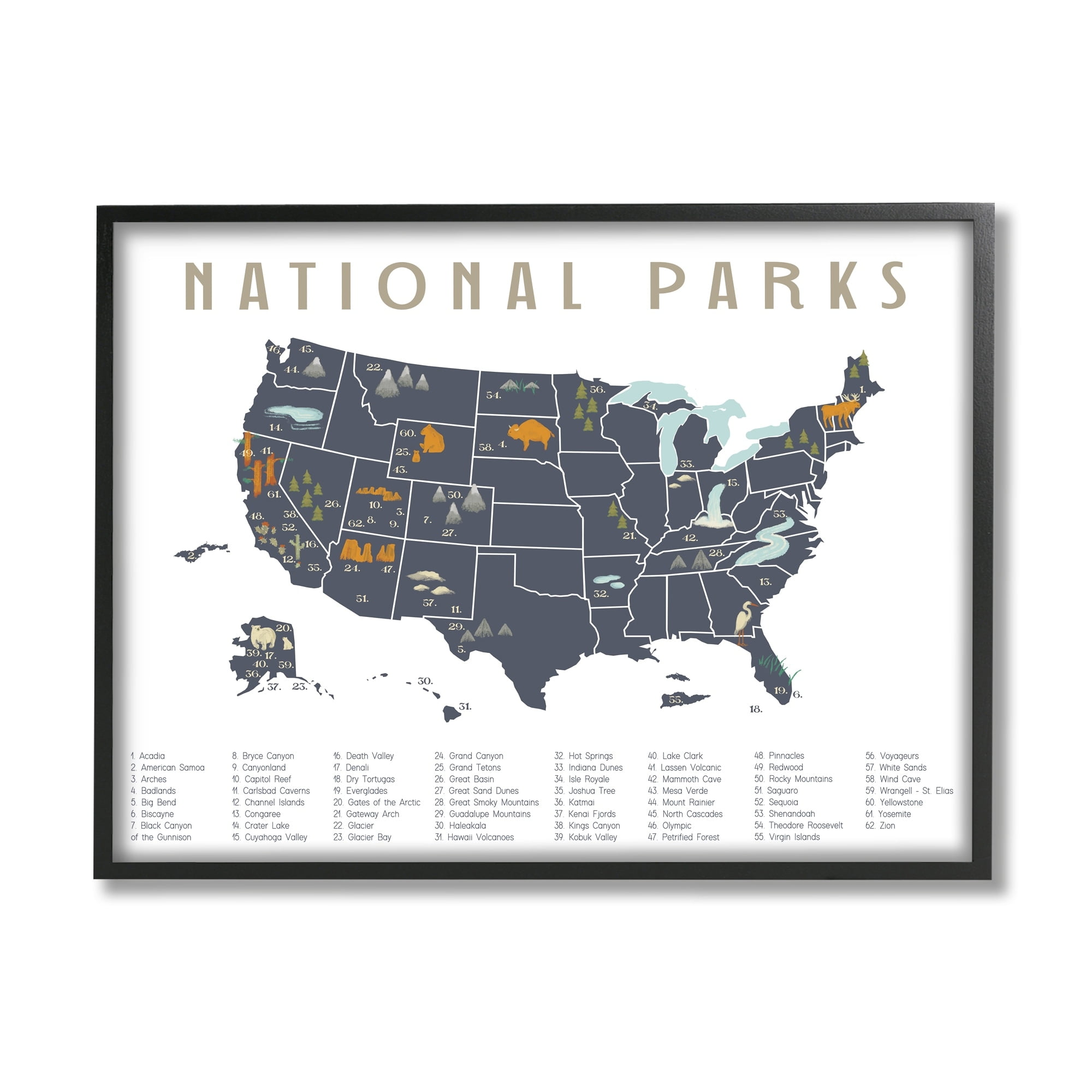 Stupell Industries National Parks United States Adventure Map Blue White, 20 x 16, Design by Daphne Polselli
