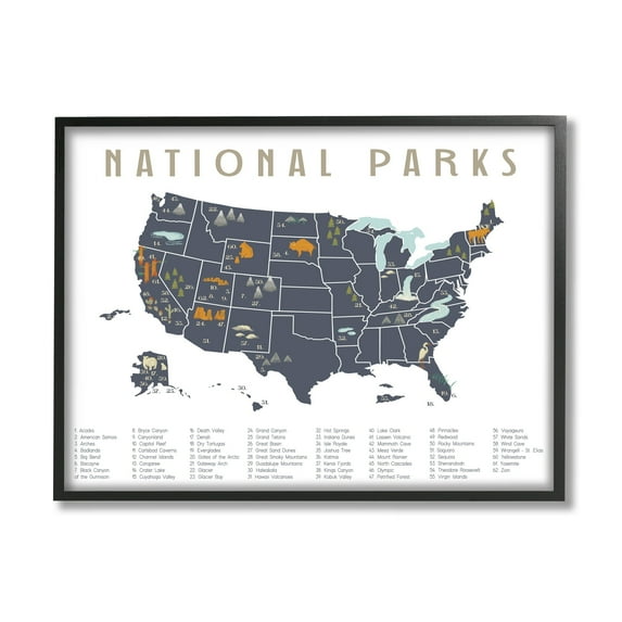 Stupell Industries National Parks United States Adventure Map Blue White, 30 x 24, Design by Daphne Polselli