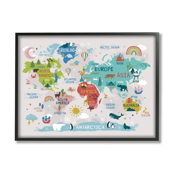 Stupell Industries Native Animals World Map Educational Wildlife Atlas Graphic Art Black Framed Art Print Wall Art, Design by Lisa Whitebutton