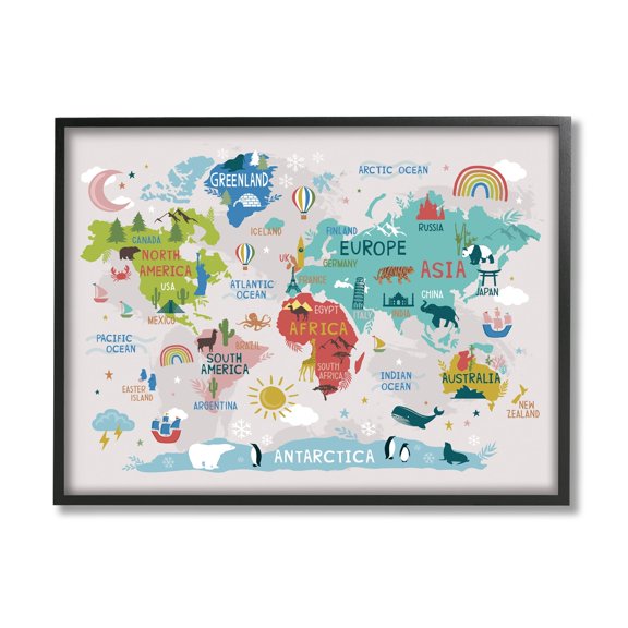 Stupell Industries Native Animals World Map Educational Wildlife Atlas Graphic Art Black Framed Art Print Wall Art, Design by Lisa Whitebutton
