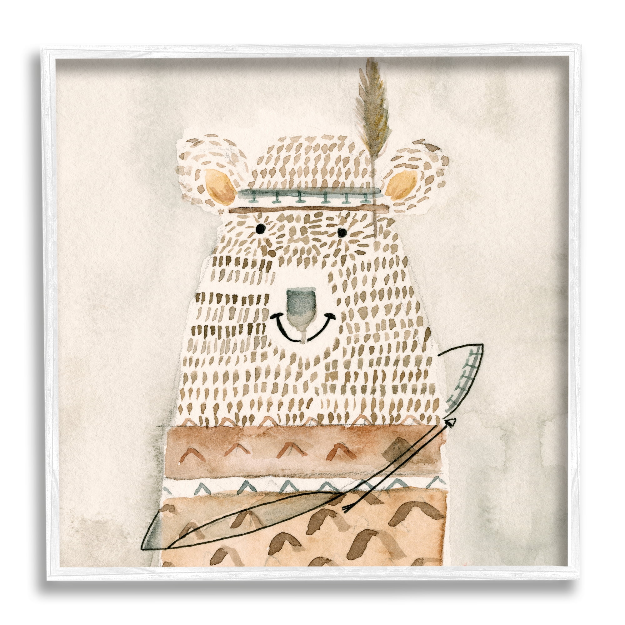 Stupell Industries Native Bear with Pattern Shirt Neutral Watercolor Animals & Insects Painting White Framed Art Print Wall Art, 12 x 12
