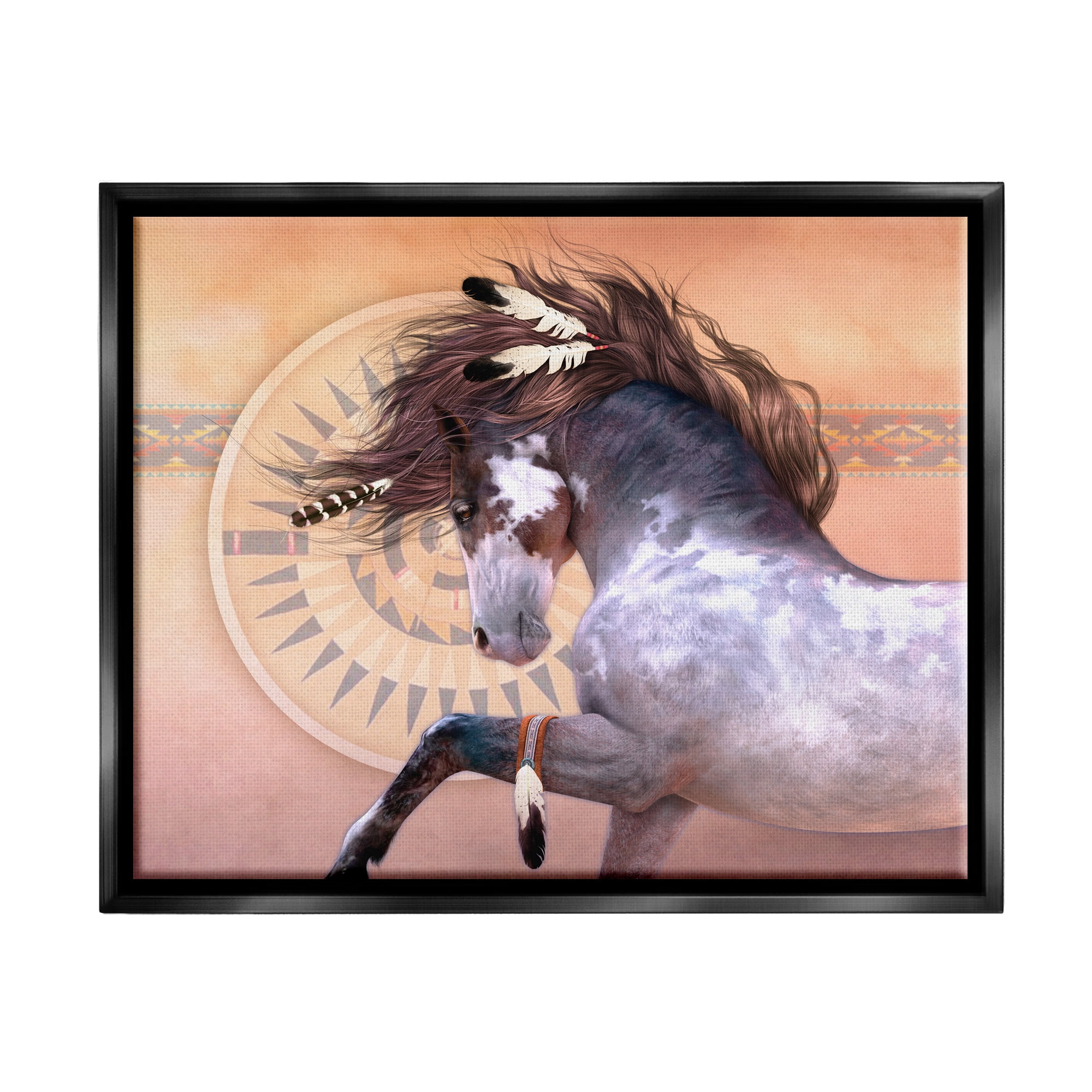 Stupell Industries Native Spirit Stallion Animals & Insects Painting Black Floater Framed Canvas Art Print Wall Art, 21 x 17