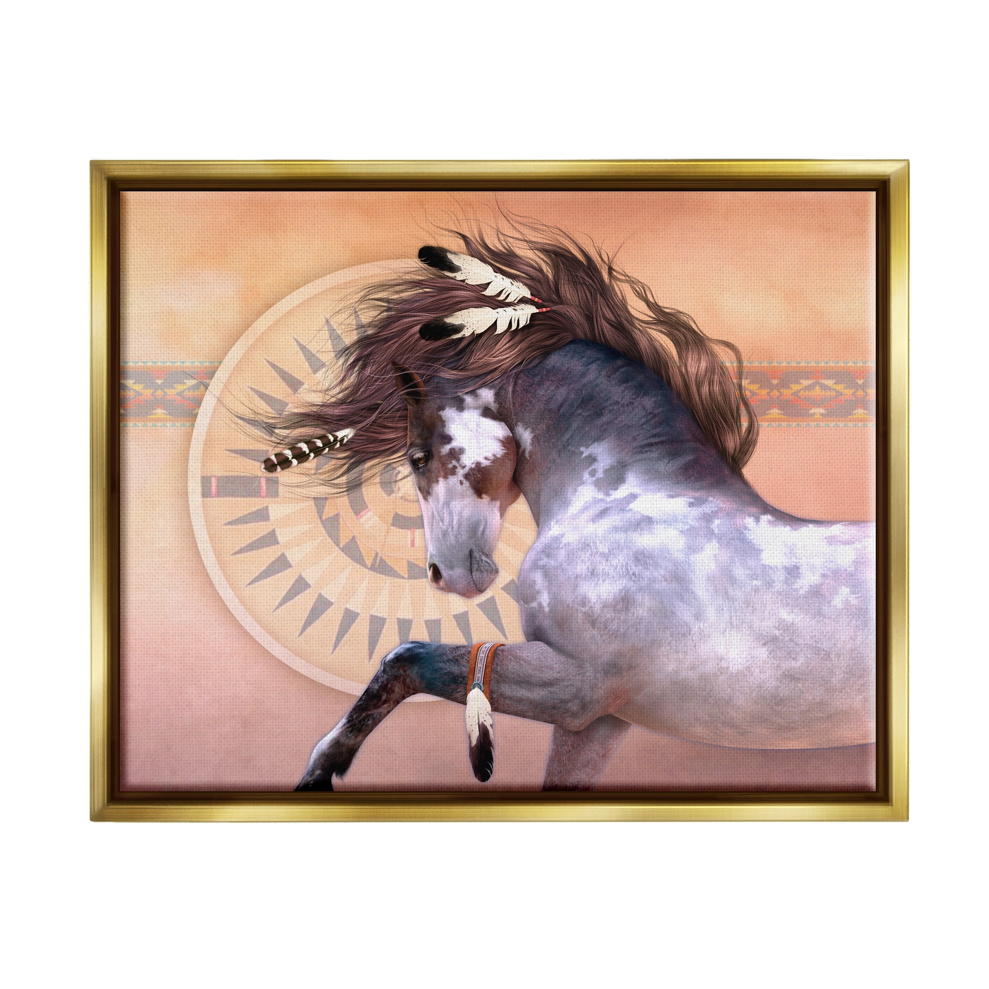 Stupell Industries Native Spirit Stallion Animals & Insects Painting Gold Floater Framed Canvas Art Print Wall Art, 21 x 17