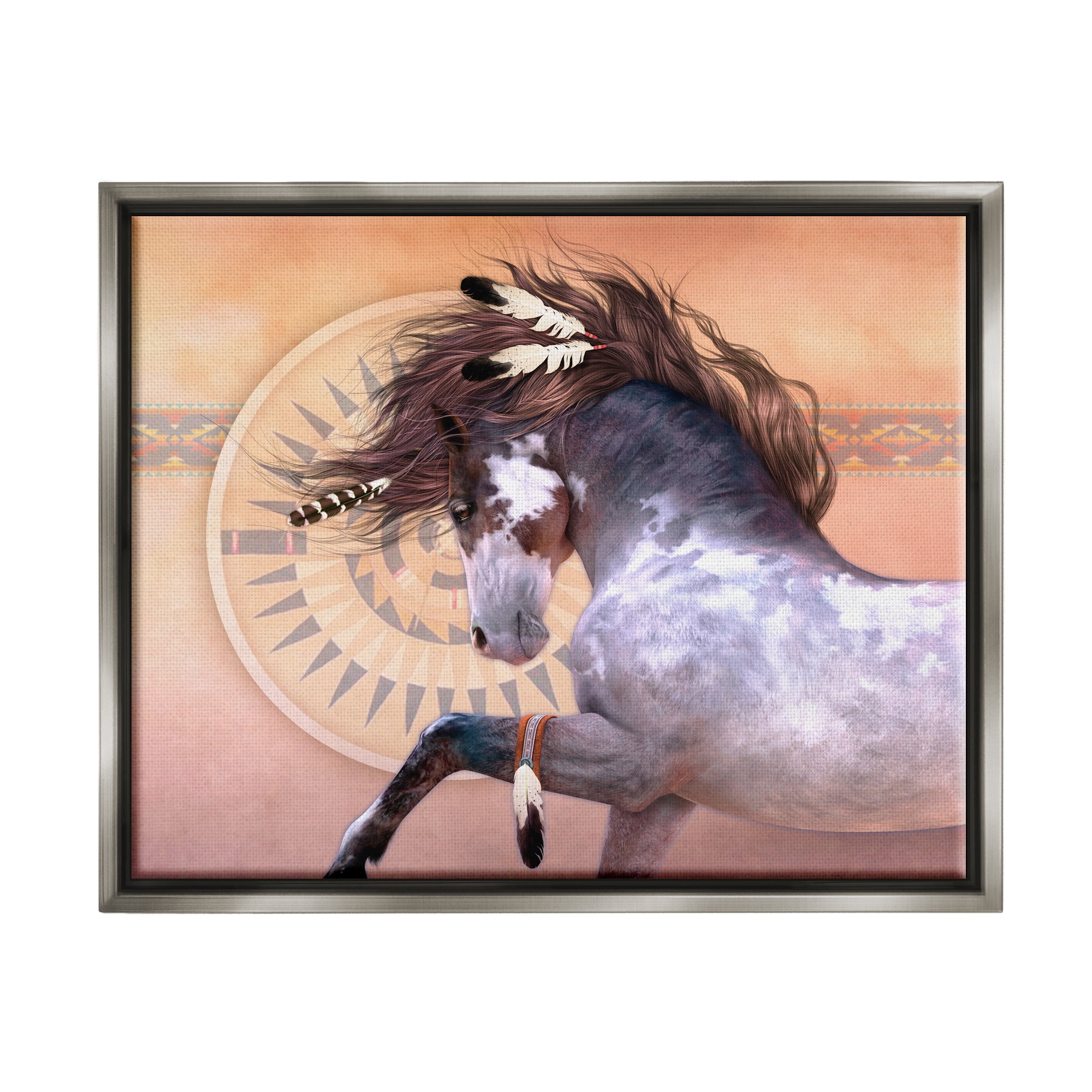 Stupell Industries Native Spirit Stallion Animals & Insects Painting Gray Floater Framed Canvas Art Print Wall Art, 31 x 25