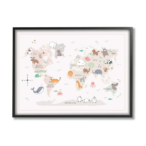 Stupell Industries Native Wildlife Animals Countries World Map Education Graphic Art Black Framed Art Print Wall Art, Design by Andrea Jasid Grassi