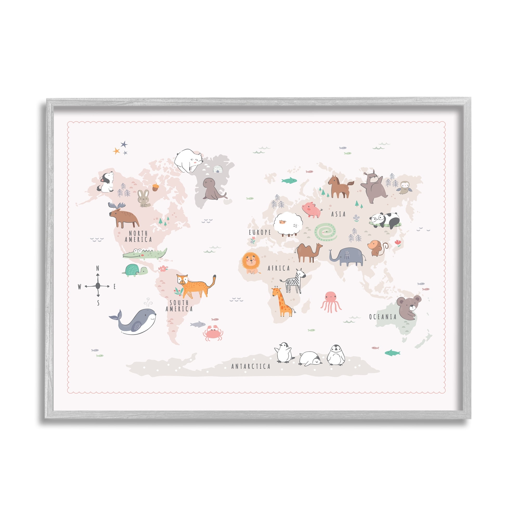 Stupell Industries Native Wildlife Animals Countries World Map Education Graphic Art Gray Framed Art Print Wall Art, Design by Andrea Jasid Grassi