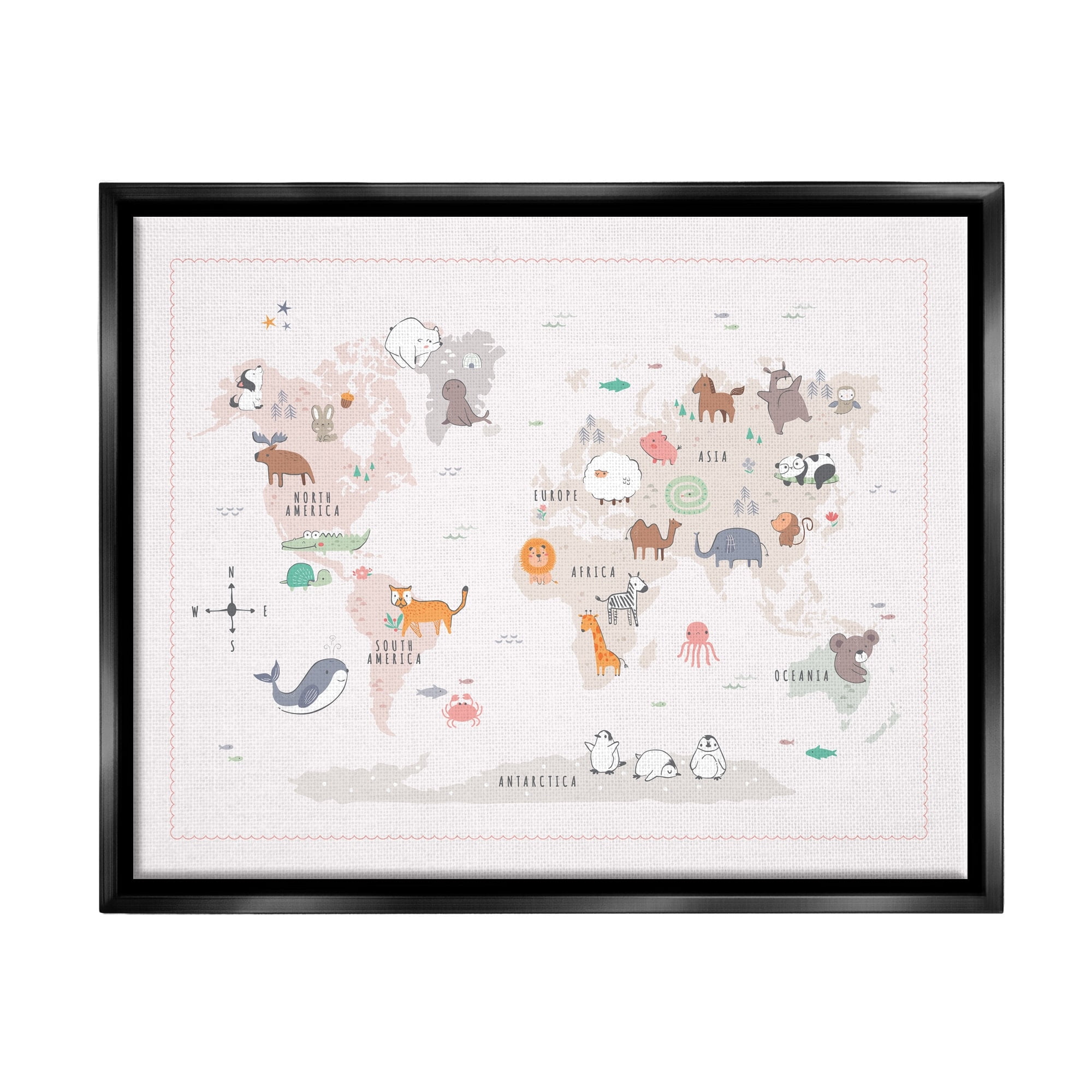 Stupell Industries Native Wildlife Animals Countries World Map Education Graphic Art Jet Black Floating Framed Canvas Print Wall Art, Design by Andrea Jasid Grassi