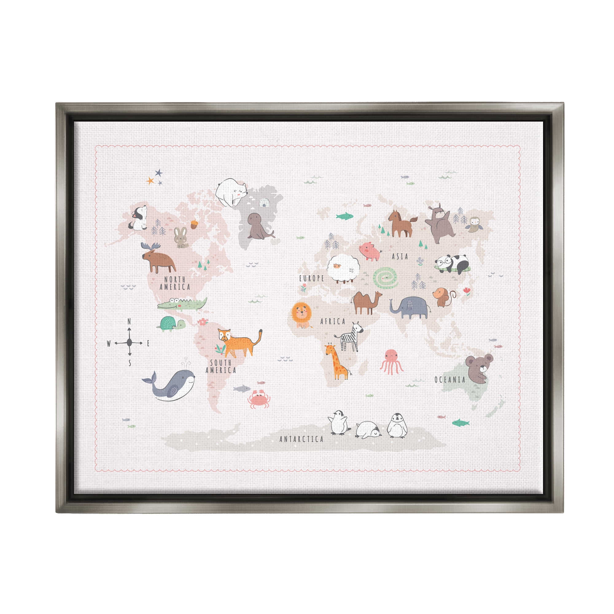 Stupell Industries Native Wildlife Animals Countries World Map Education Graphic Art Luster Gray Floating Framed Canvas Print Wall Art, Design by Andrea Jasid Grassi