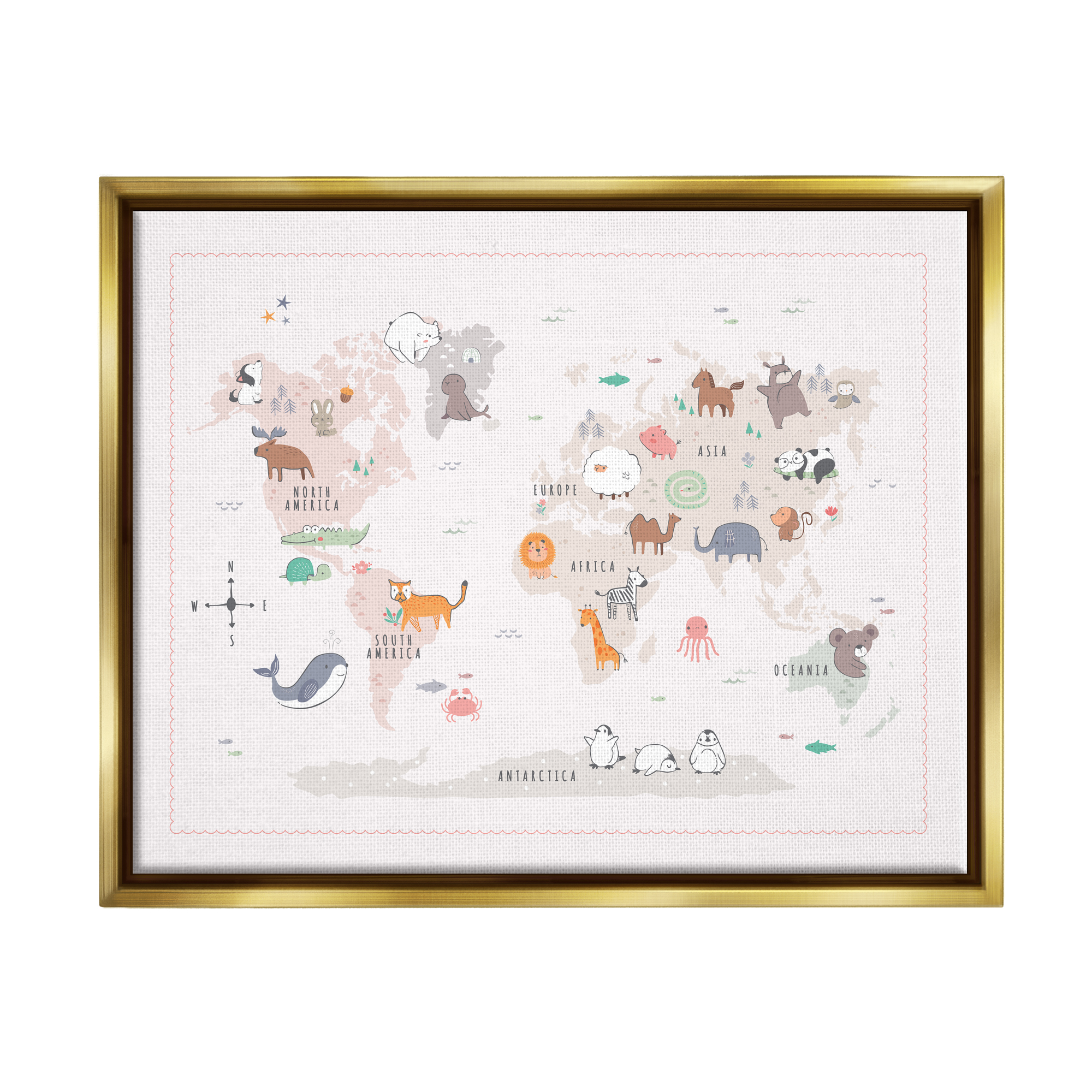 Stupell Industries Native Wildlife Animals Countries World Map Education Graphic Art Metallic Gold Floating Framed Canvas Print Wall Art, Design by Andrea Jasid Grassi