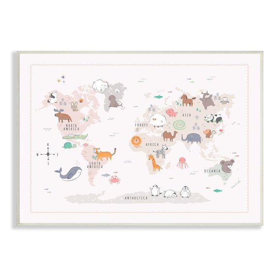 Stupell Industries Native Wildlife Animals Countries World Map Education Graphic Art Unframed Art Print Wall Art, Design by Andrea Jasid Grassi