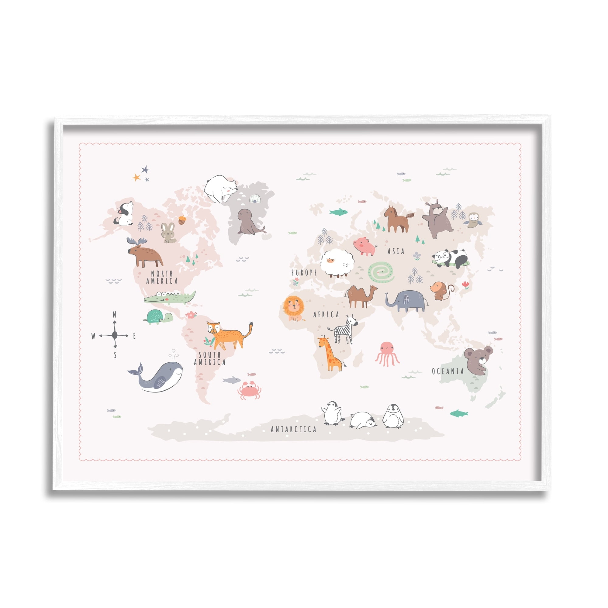 Stupell Industries Native Wildlife Animals Countries World Map Education Graphic Art White Framed Art Print Wall Art, Design by Andrea Jasid Grassi