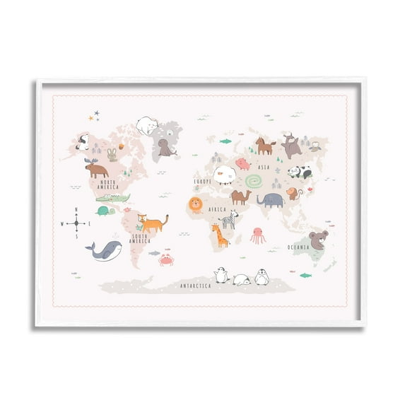 Stupell Industries Native Wildlife Animals Countries World Map Education Graphic Art White Framed Art Print Wall Art, Design by Andrea Jasid Grassi