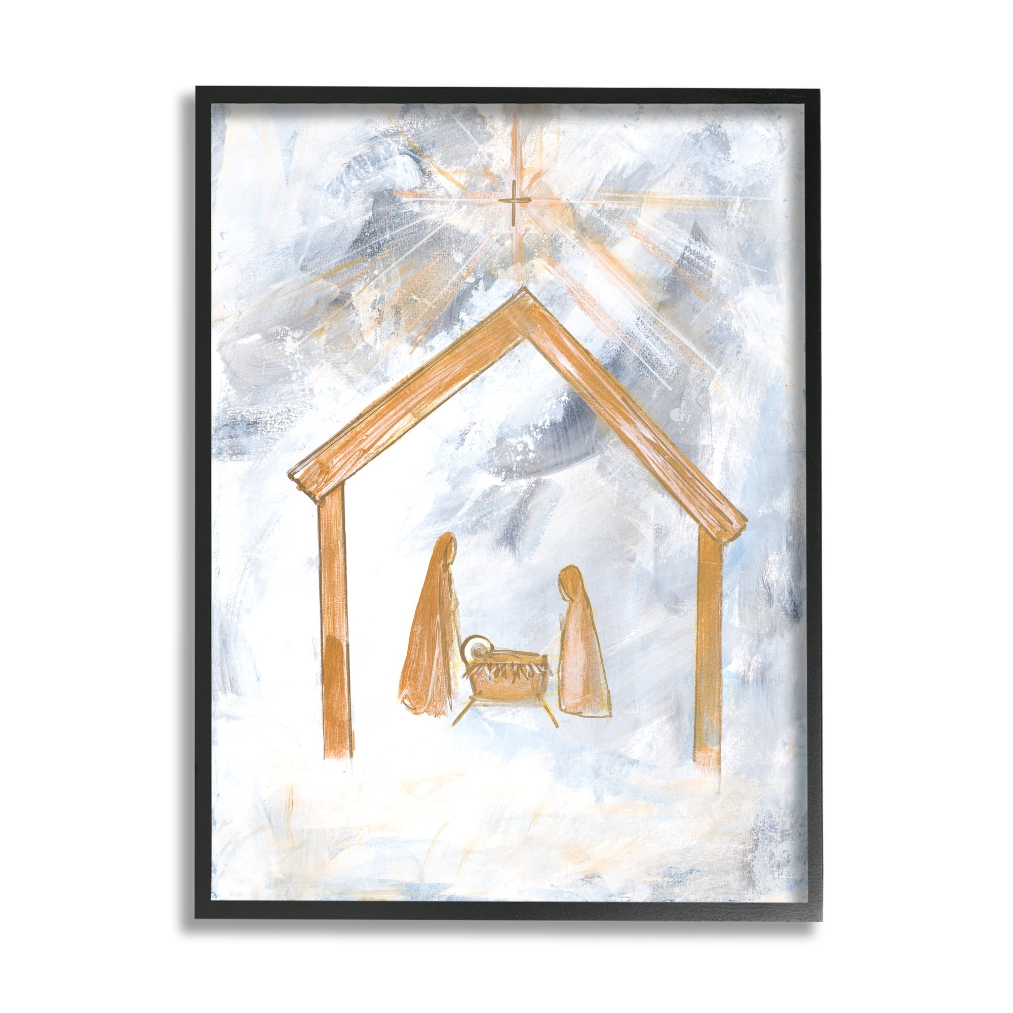 Stupell Industries Nativity Baby in Manger Christmas Scene Sky Cross Religious Painting Black Framed Art Print Wall Art, 16 x 20