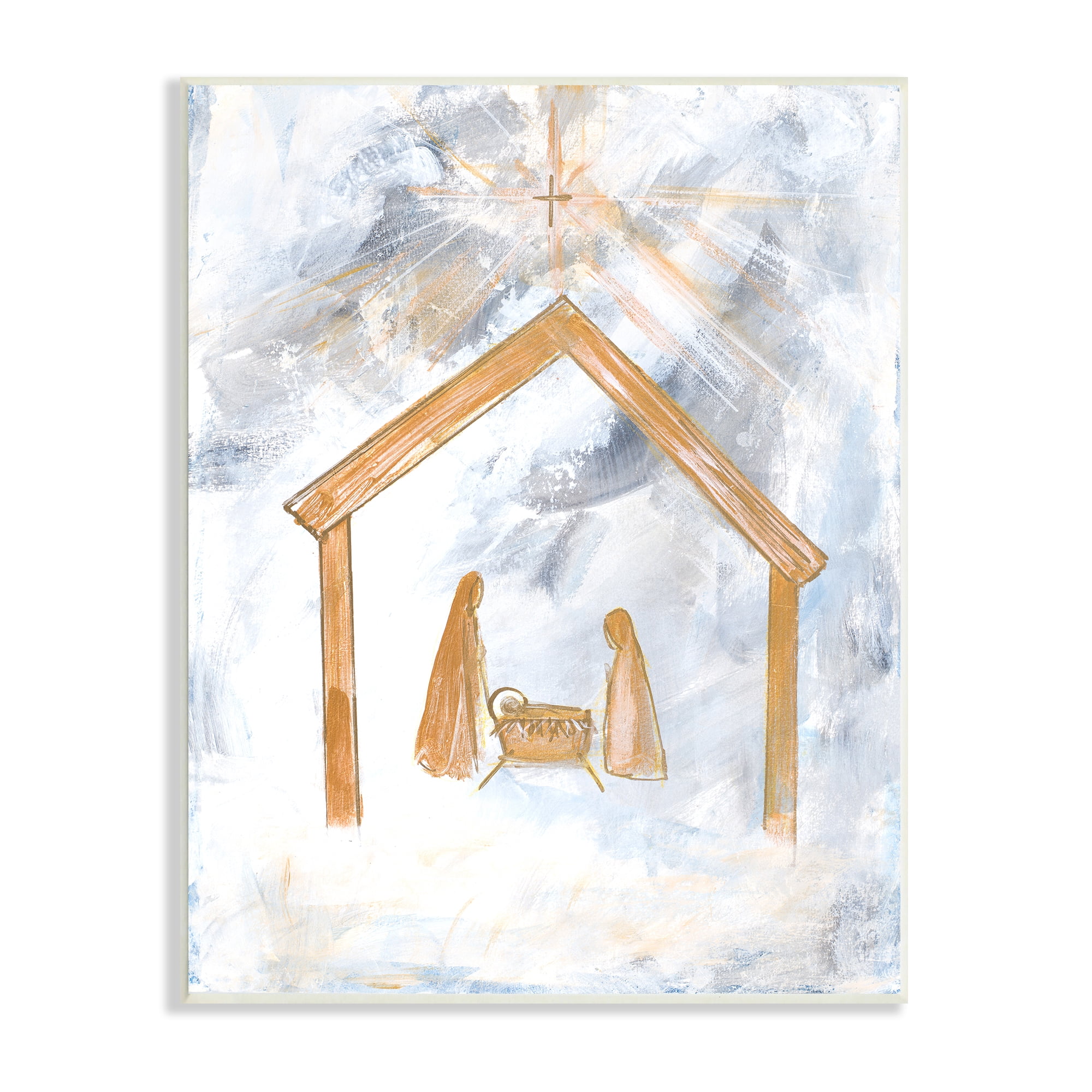 Stupell Industries Nativity Baby in Manger Christmas Scene Sky Cross Religious Painting Unframed Art Print Wall Art, 10 x 15