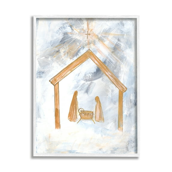 Stupell Industries Nativity Baby in Manger Christmas Scene Sky Cross Religious Painting White Framed Art Print Wall Art, 24 x 30