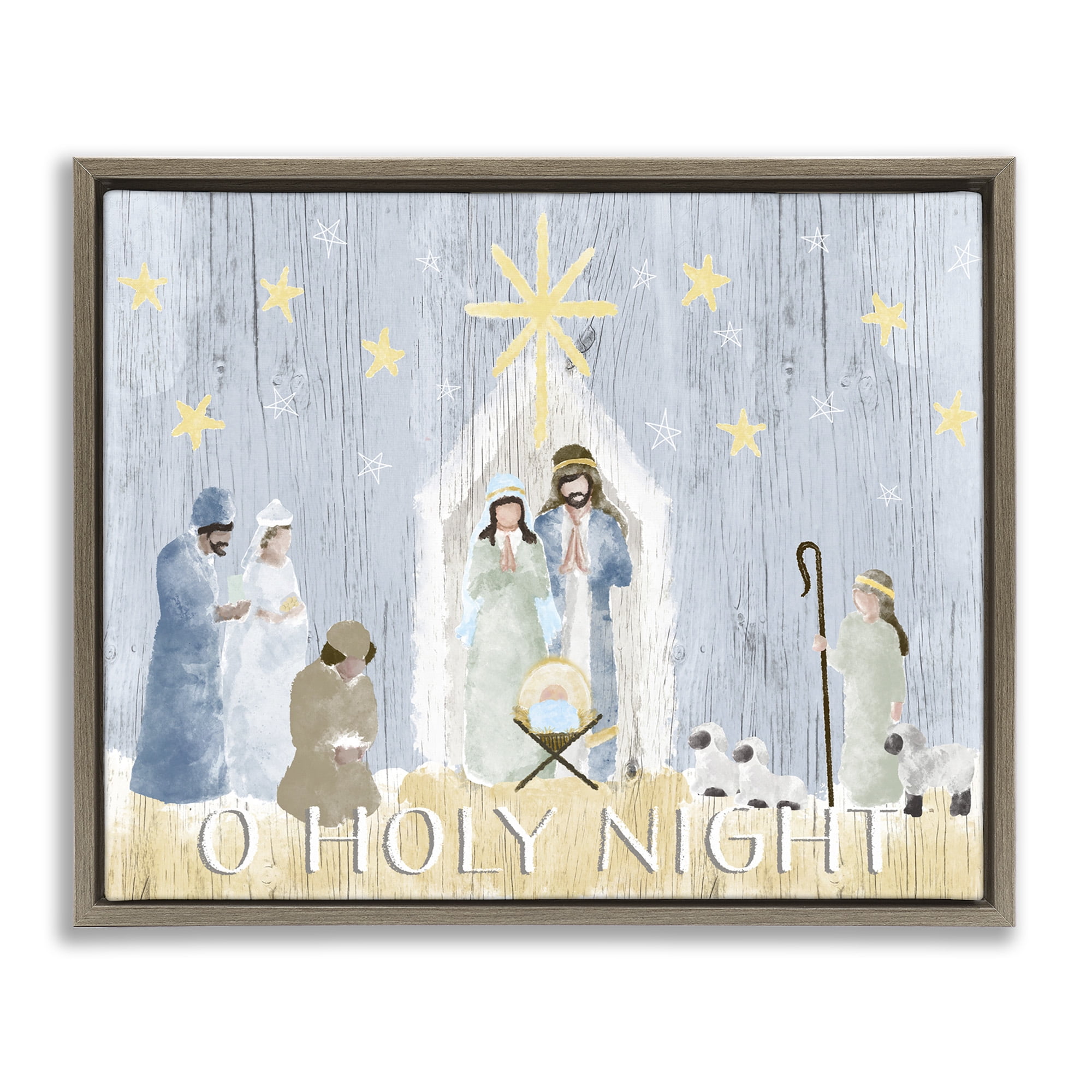 Stupell Industries Nativity Barn Stable Scene Religious Painting Brown Floater Framed Canvas Art Print Wall Art, 21 x 17