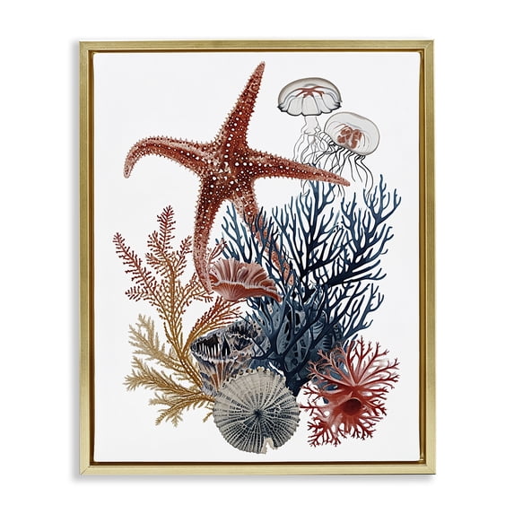 Stupell Industries Traditional Natural Aquatic Sea Creatures Gold Floating Frame Canvas Art, 17 x 21, by Ramona Murdock