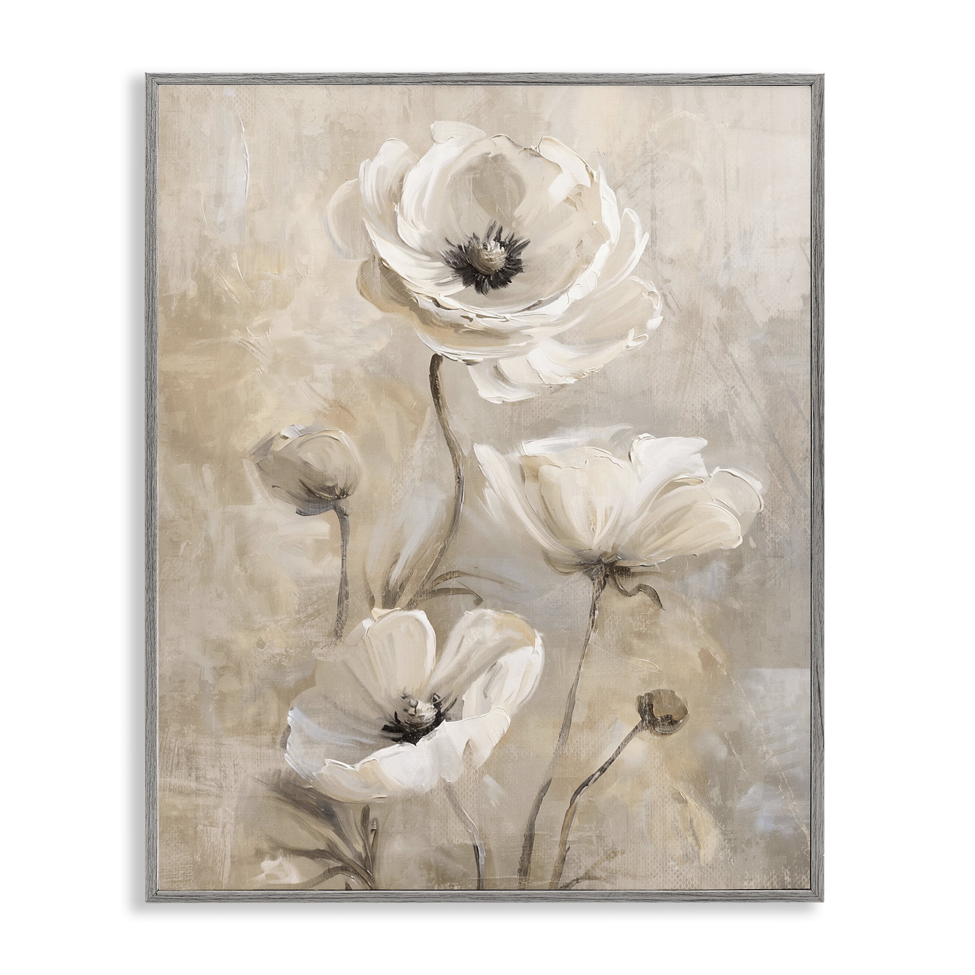 Stupell Industries Natural Beige Poppies Plants & Flowers Painting Gray Framed Art Print Wall Art, 16 x 20