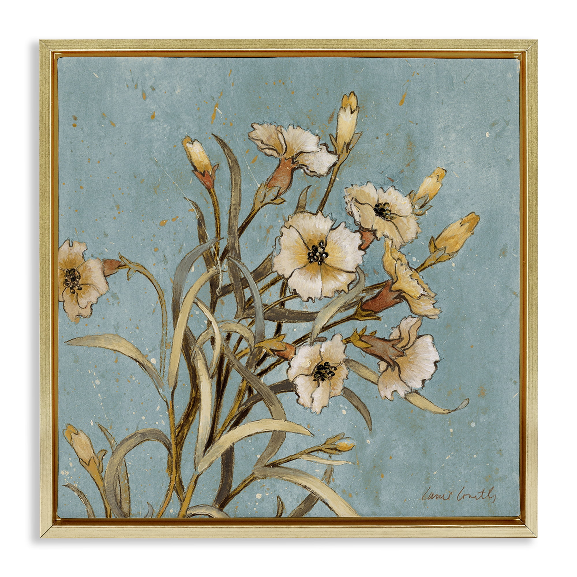 Stupell Industries Natural Blooming Buds Botanical & Floral Painting Gold Floater Framed Canvas Art Print Wall Art, 18 x 18