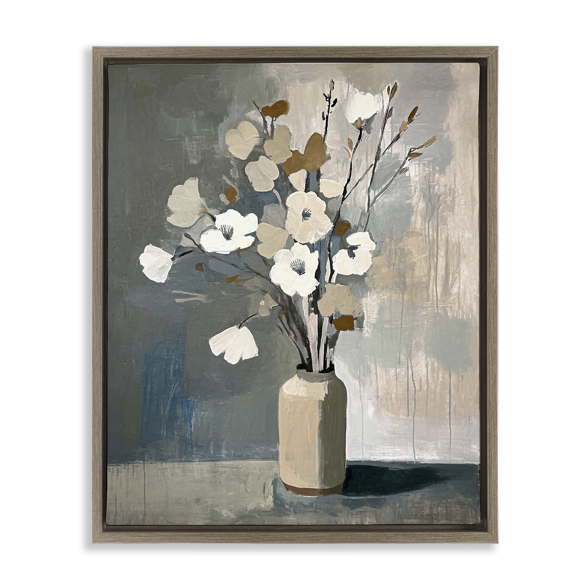 Stupell Industries Natural Floral Vase Botanical & Floral Painting Brown Floater Framed Canvas Art Print Wall Art, 17 x 21