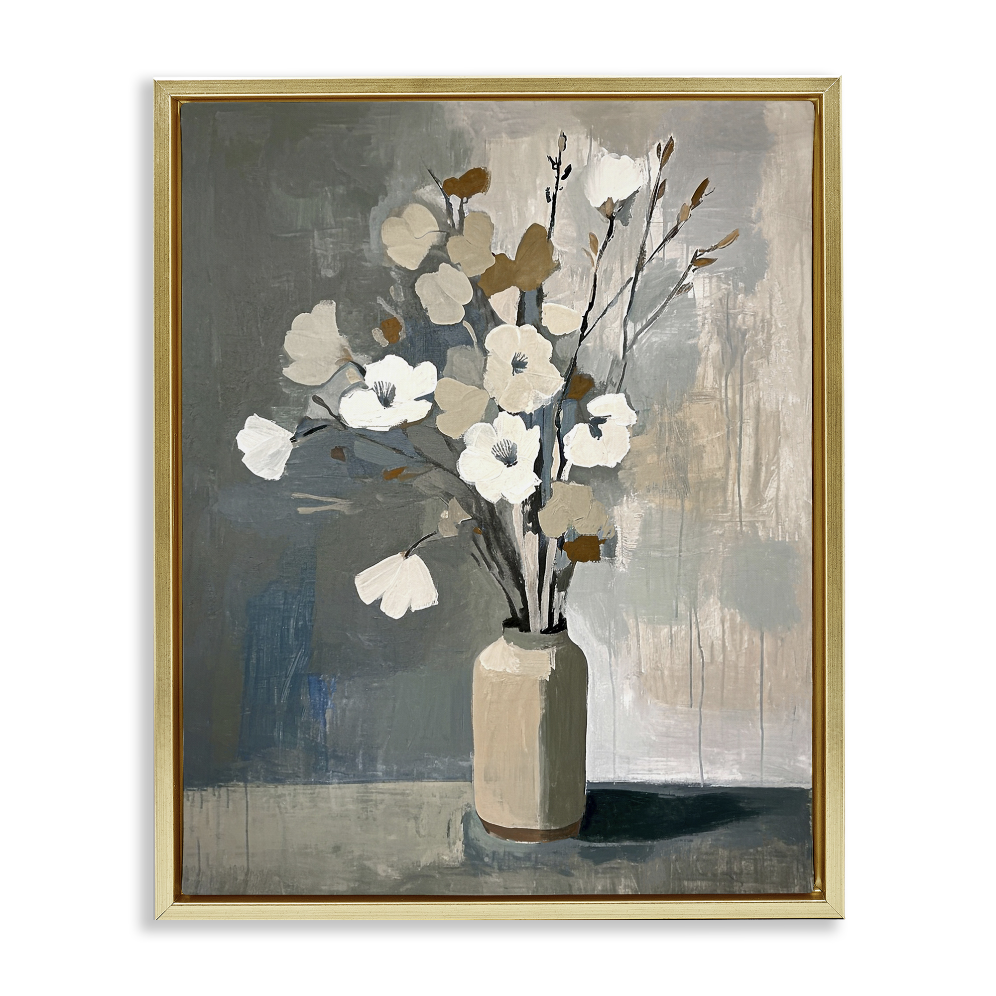 Stupell Industries Natural Floral Vase Botanical & Floral Painting Gold Floater Framed Canvas Art Print Wall Art, 17 x 21