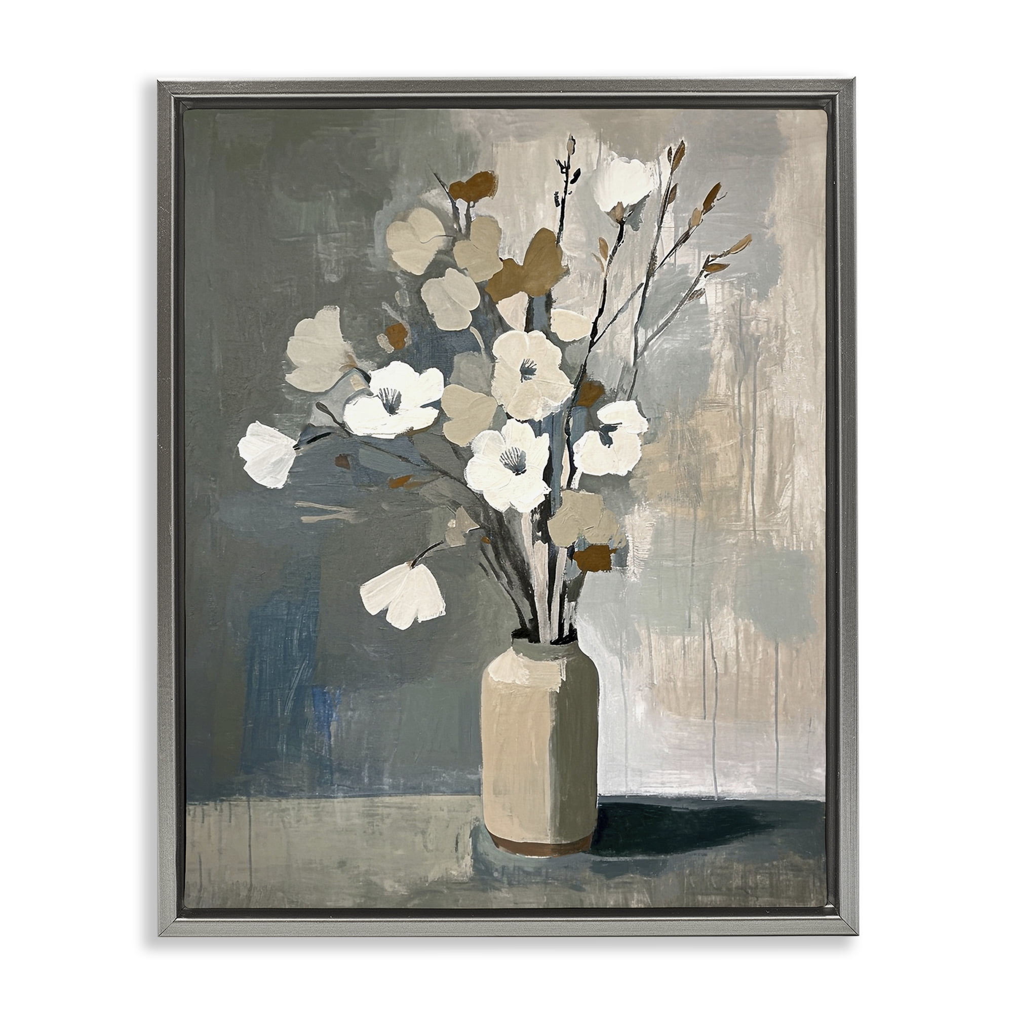 Stupell Industries Natural Floral Vase Botanical & Floral Painting Gray Floater Framed Canvas Art Print Wall Art, 25 x 31