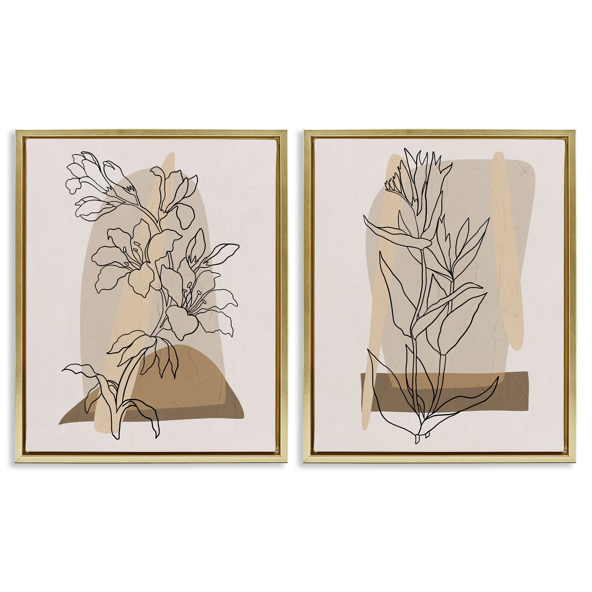 Stupell Industries Natural Flower Outlines Plants & Flowers Painting Gold Floater Framed Canvas Art Print Wall Art, 17 x 21, Set of 2