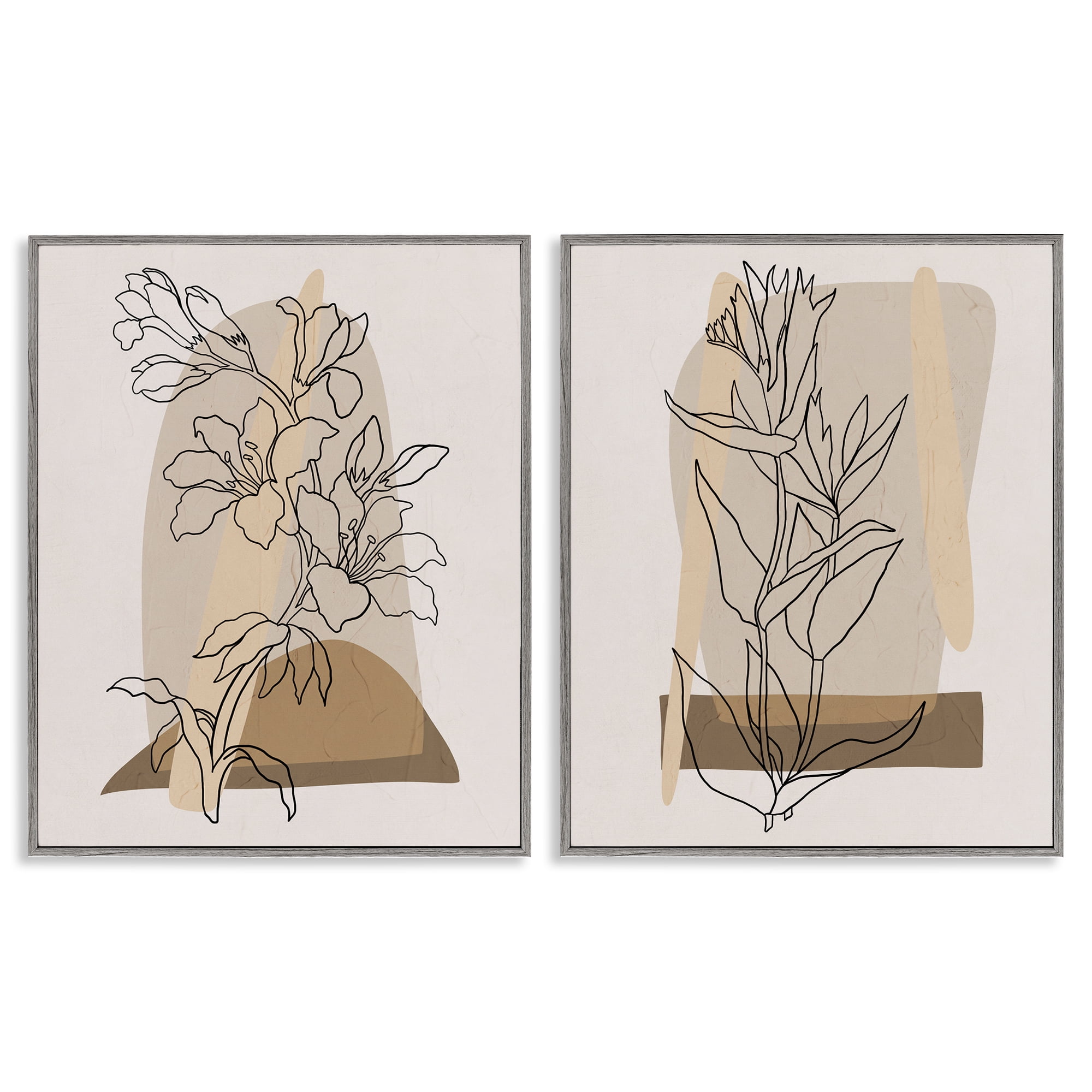 Stupell Industries Natural Flower Outlines Plants & Flowers Painting Gray Framed Art Print Wall Art, 16 x 20, Set of 2