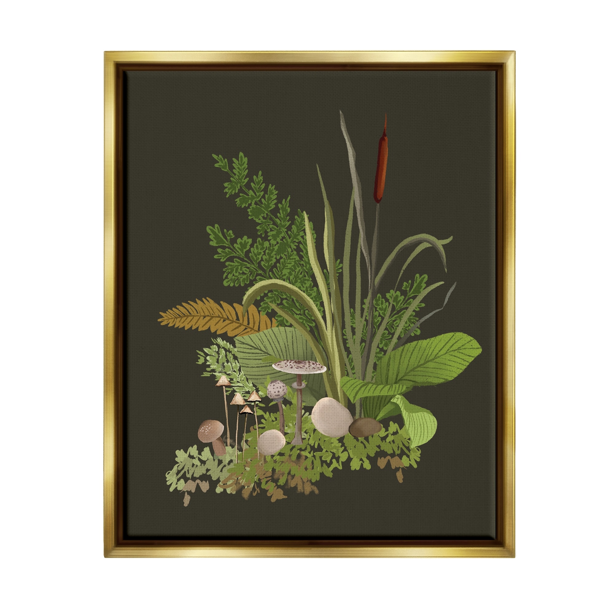 Stupell Industries Natural Forest Floor Botanical Arrangement Mixed Mushrooms Ferns Graphic Art Metallic Gold Floating Framed Canvas Print Wall Art, Design by House of Rose