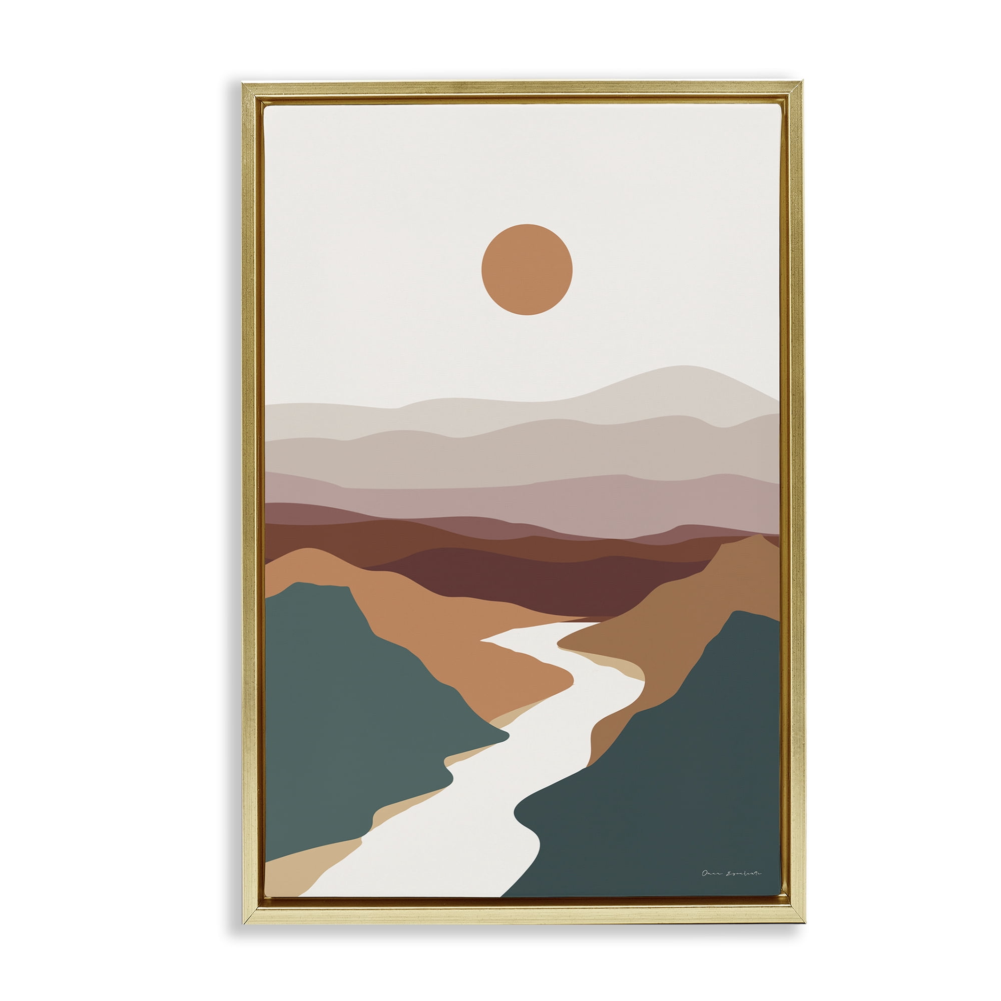 Stupell Industries Natural Mountain Valley Landscape & Nature Painting Gold Floater Framed Canvas Art Print Wall Art, 21 x 31