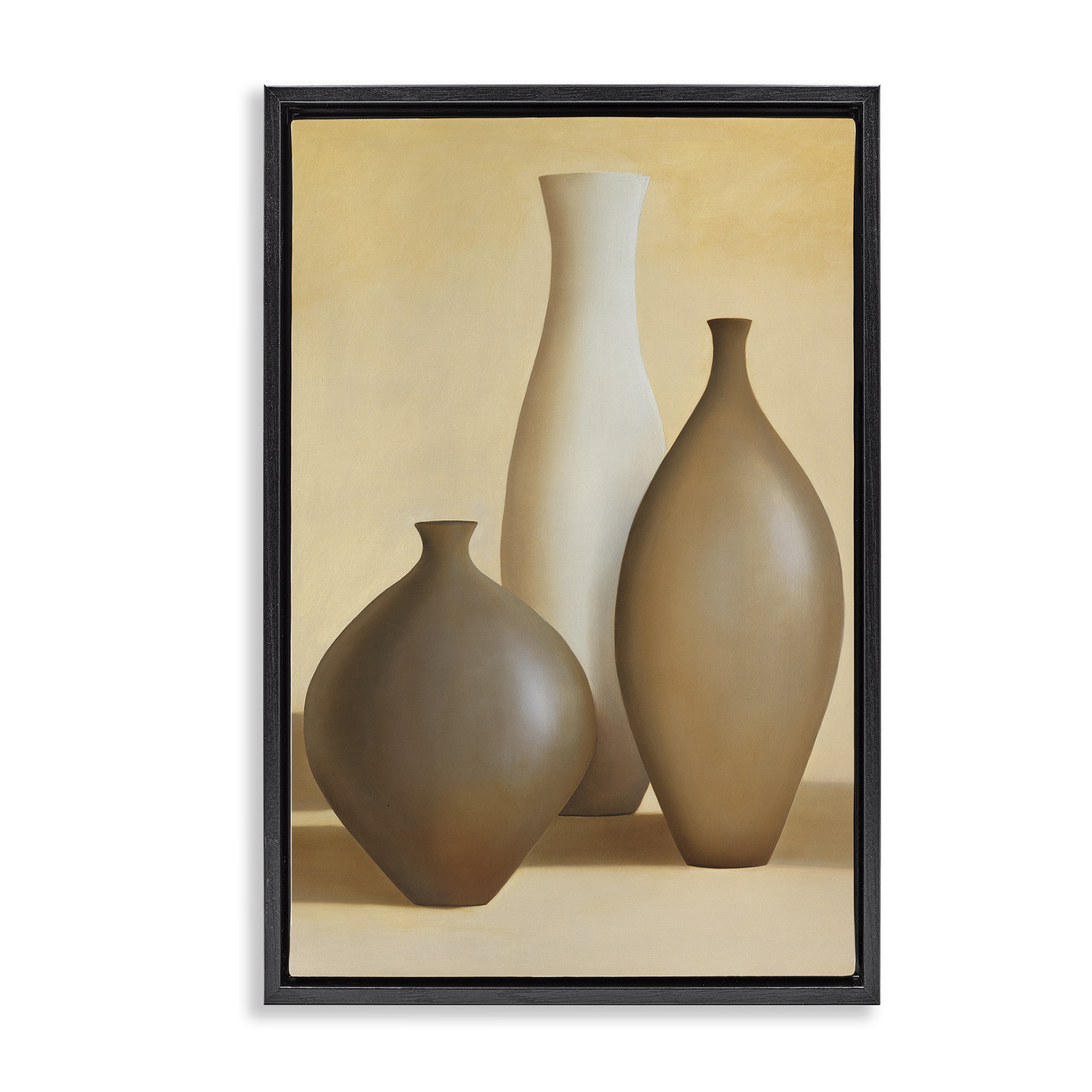 Stupell Industries Natural Pottery Bottles Furniture Painting Black Floater Framed Canvas Art Print Wall Art, 17 x 25