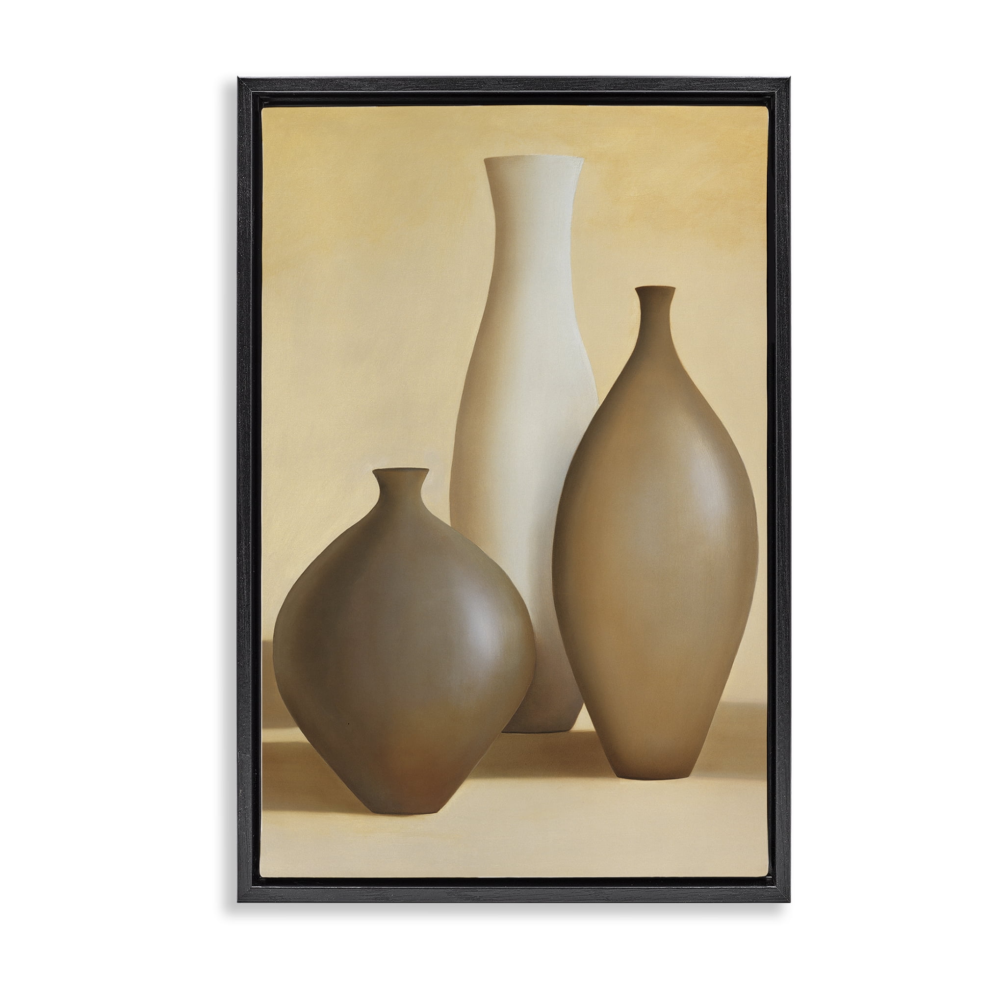 Stupell Industries Natural Pottery Bottles Furniture Painting Black Floater Framed Canvas Art Print Wall Art, 21 x 31