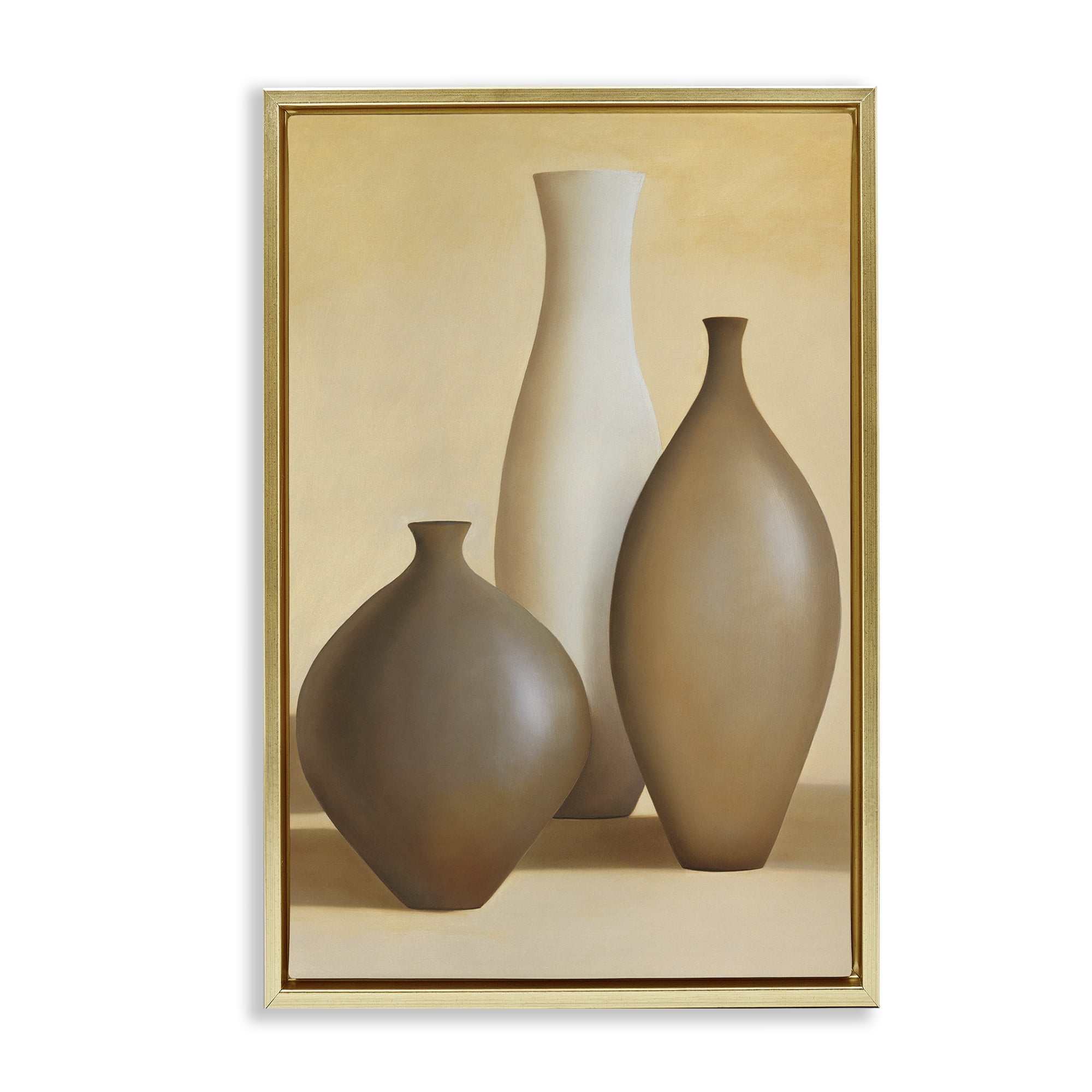 Stupell Industries Natural Pottery Bottles Furniture Painting Gold Floater Framed Canvas Art Print Wall Art, 21 x 31
