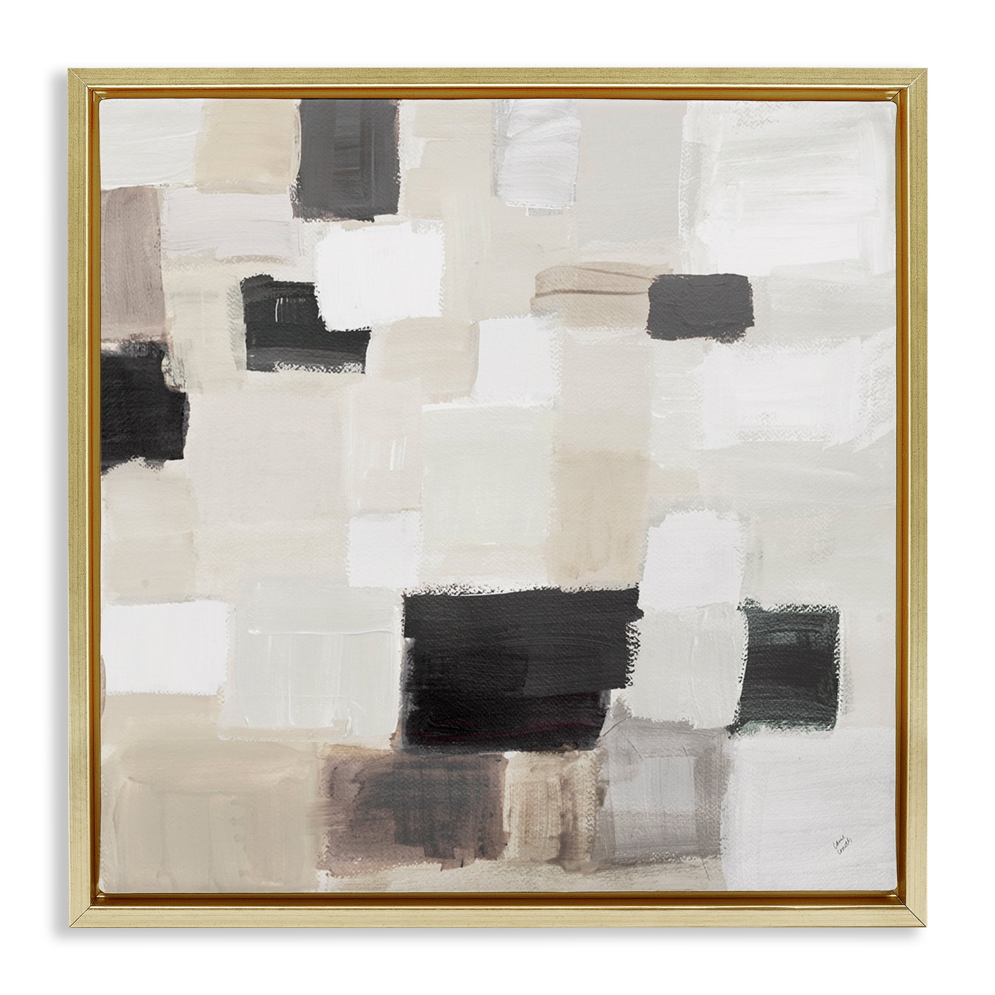 Stupell Industries Natural Square Patchwork Abstract Painting Gold Floater Framed Canvas Art Print Wall Art, 25 x 25