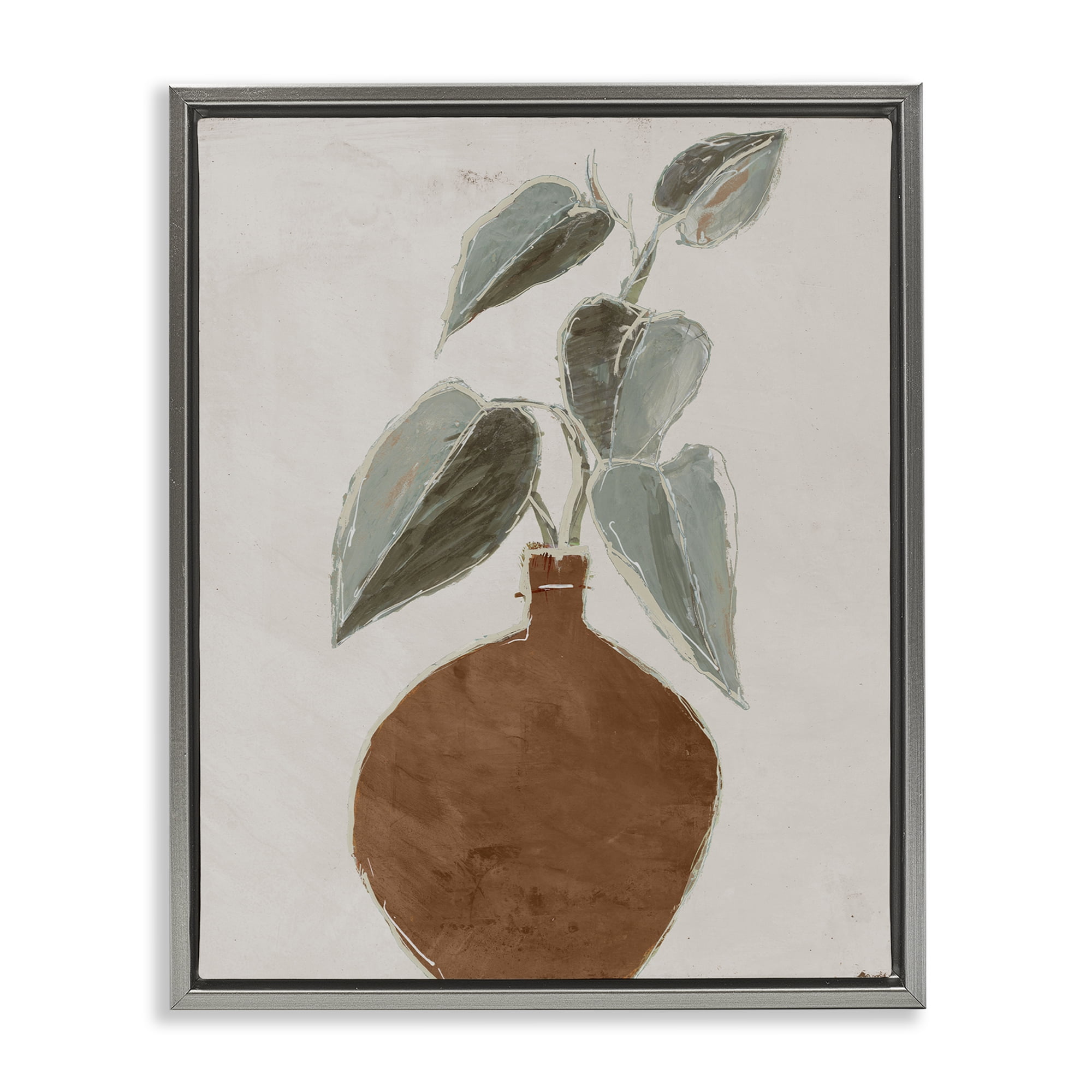 Stupell Industries Natural Tan Greenery Plants & Flowers Painting Gray Floater Framed Canvas Art Print Wall Art, 17 x 21