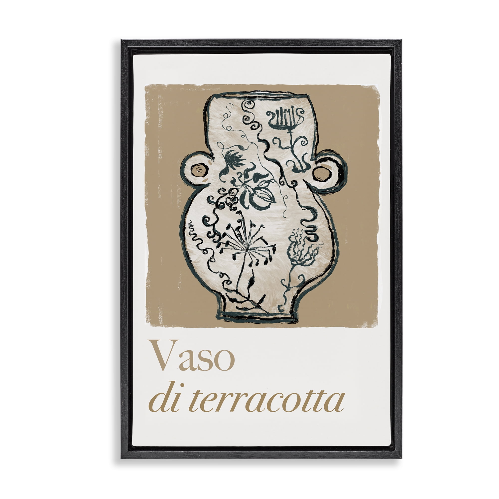 Stupell Industries Natural Terracotta Vase History & Language Painting Black Floater Framed Canvas Art Print Wall Art, 21 x 31