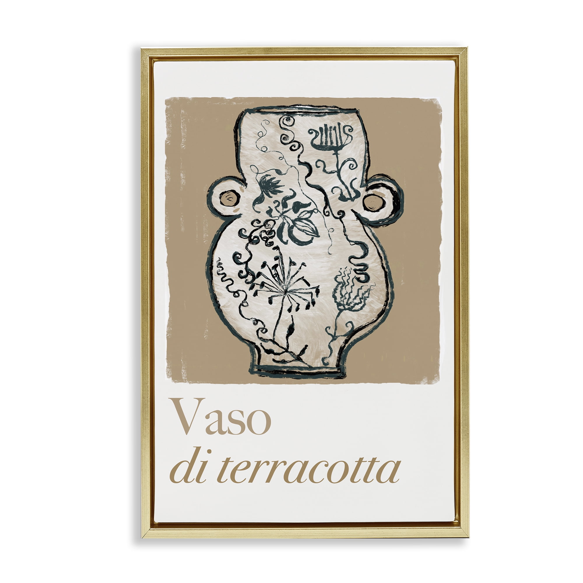 Stupell Industries Natural Terracotta Vase History & Language Painting Gold Floater Framed Canvas Art Print Wall Art, 17 x 25